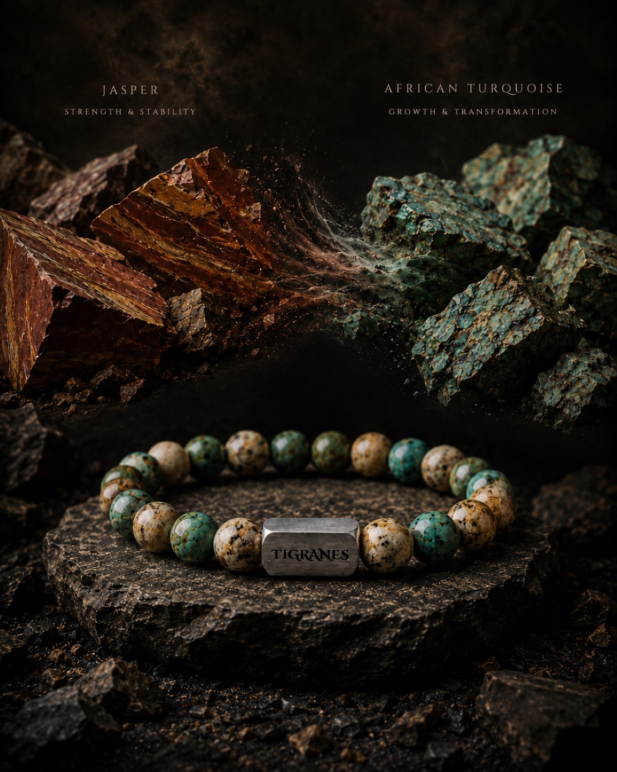 Raw Jasper and African Turquoise stones forming the TIGRANES bracelet